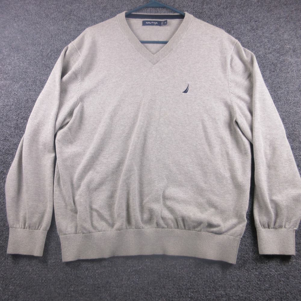 Nautica Sweater Mens XL Gray 100% Cotton V‎ Neck Logo Pullover Knit Classic